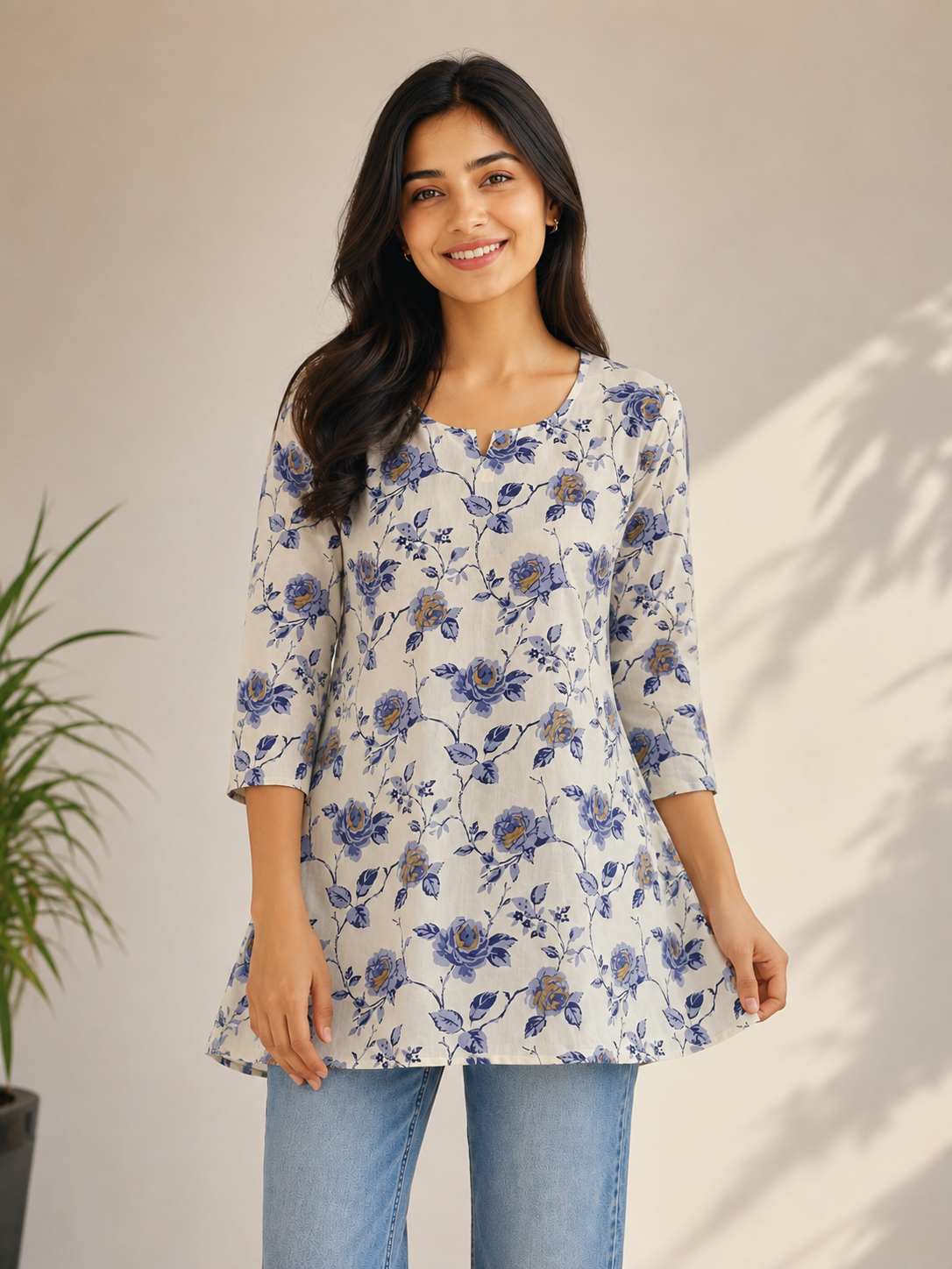 file_00000000f1c882098b65e6335876b26e white floral short kurti - Image 1